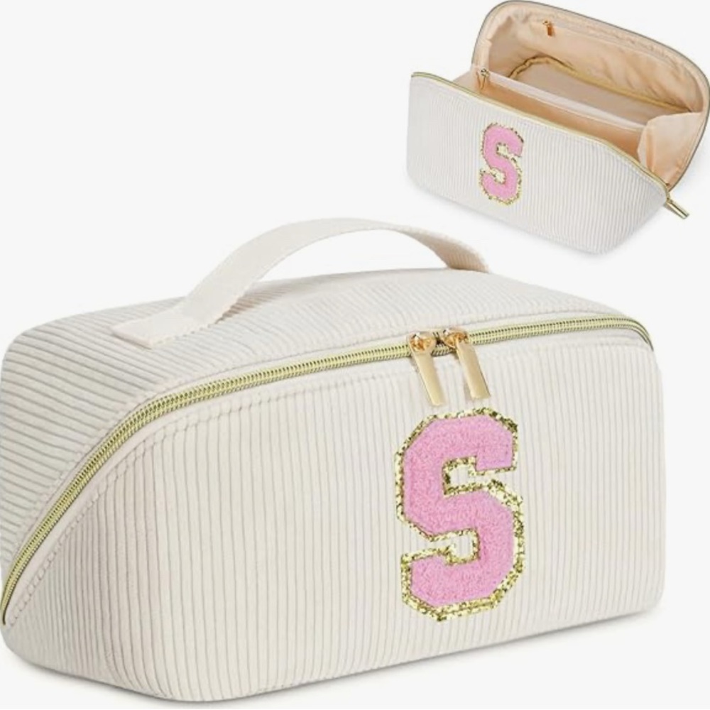 Corduroy Makeup Bag Set with 'S' Initial